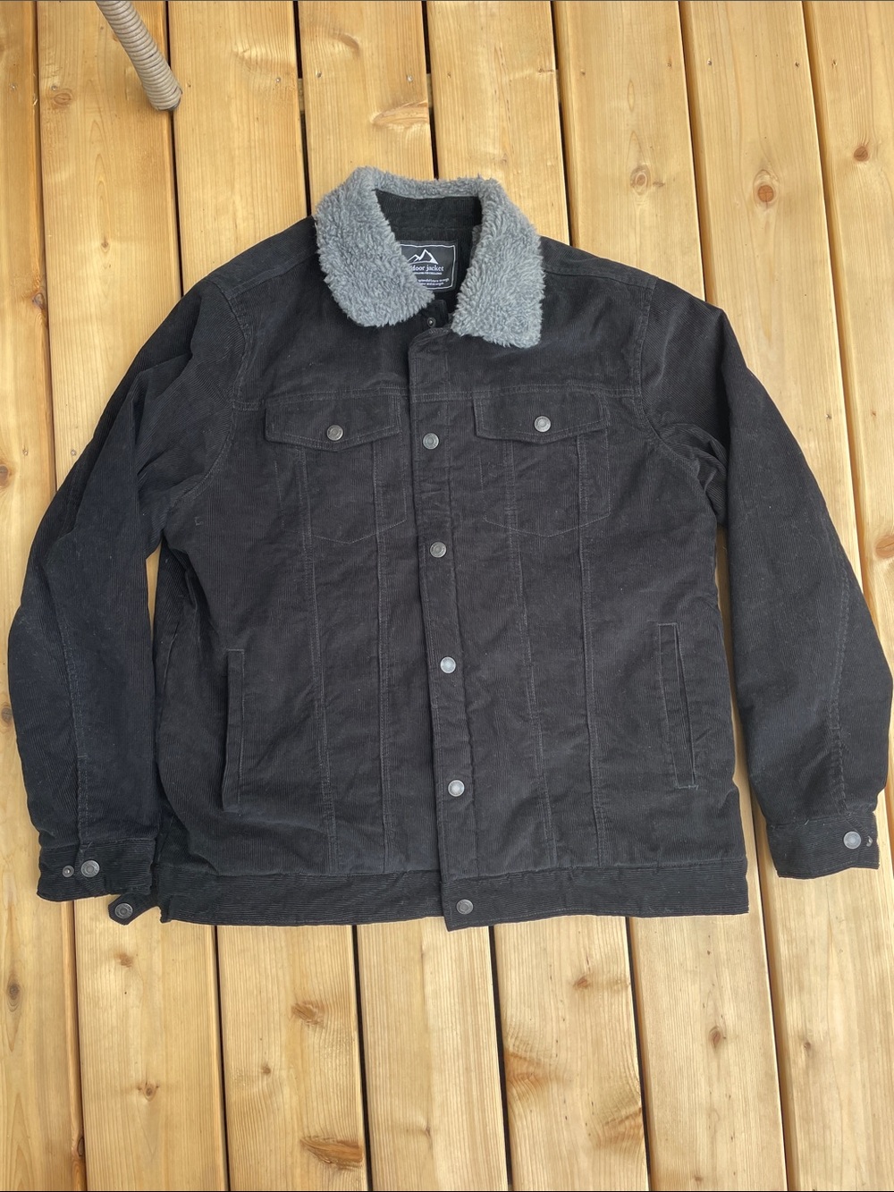 Men's Black Corduroy Shirt Jacket with Gray Sherpa Collar